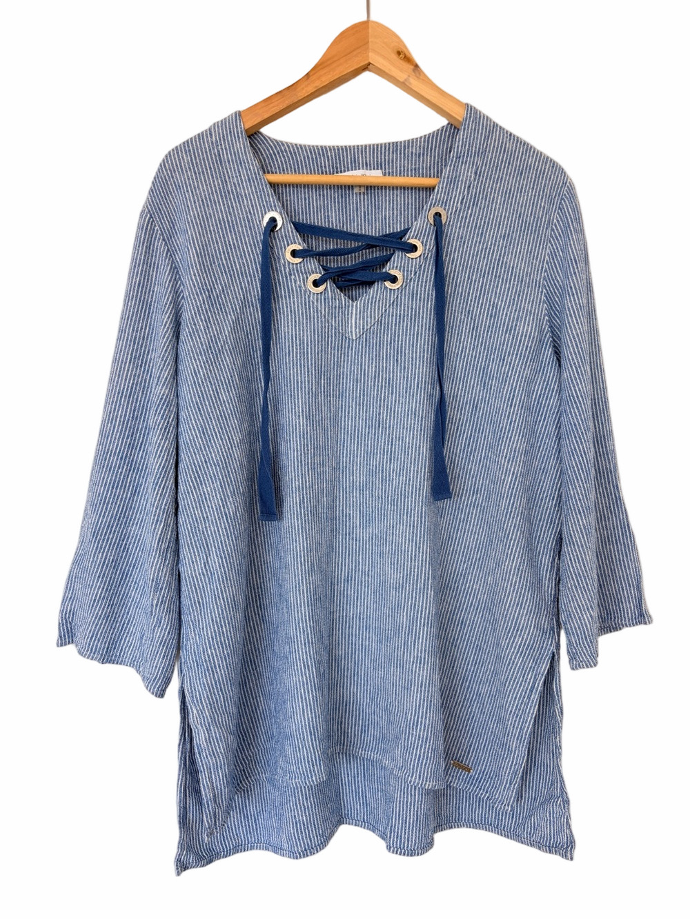 CALVIN KLEIN LINEN RAYON BLUE/WHITE STRIPED LACE UP TUNIC TOP, MEDIUM